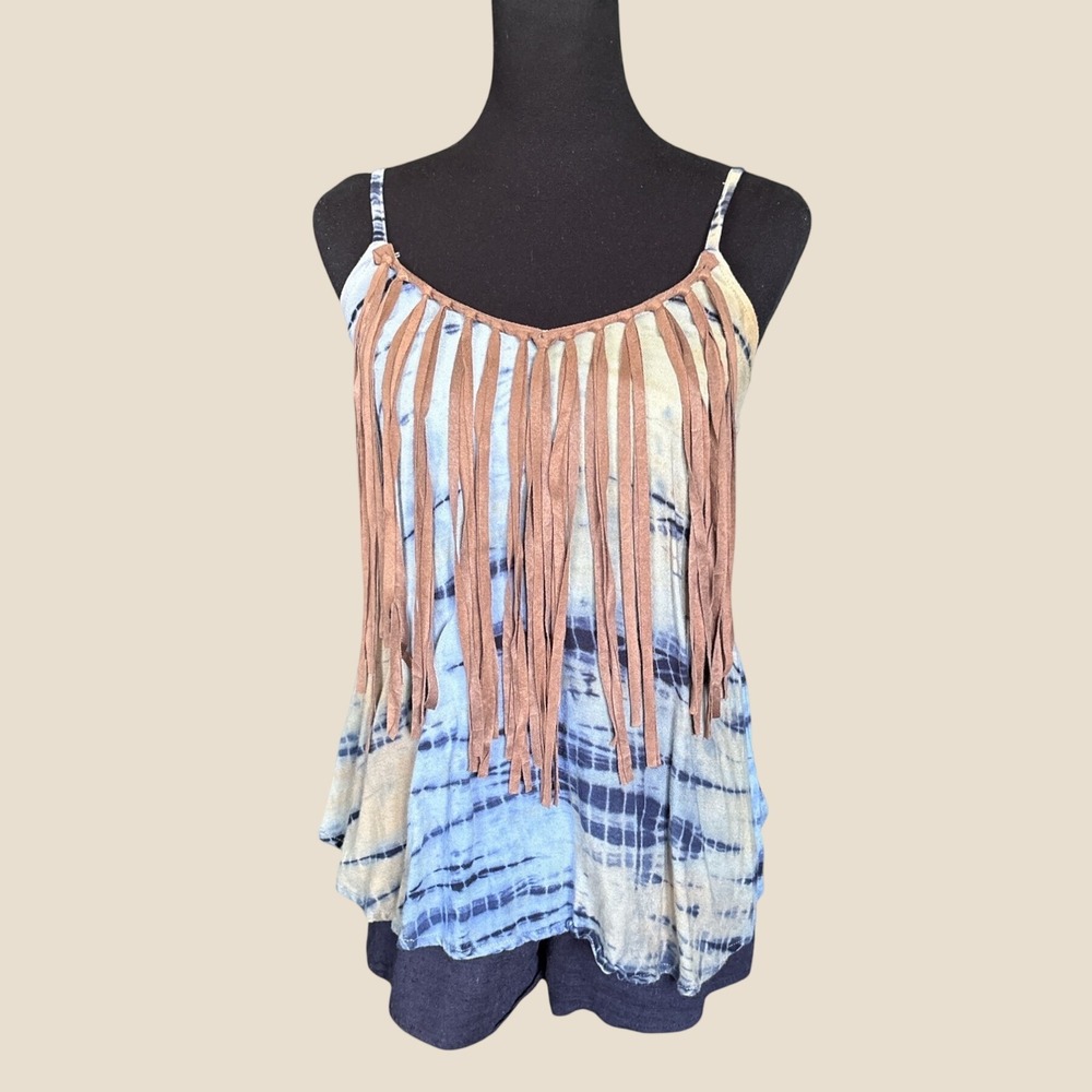 Judith March Navy & Brown Tie Dye Faux Leather Fringed Romper, Small, Festival